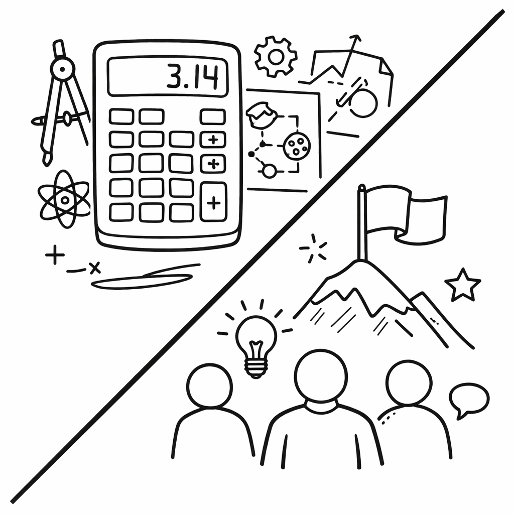 Line drawing showing classic engineering tools in upper left and leadership icons in lower right